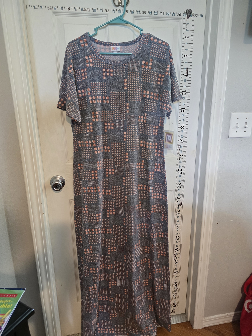 LuLaRoe Gray Maxi Dress with Peach Geometric Print